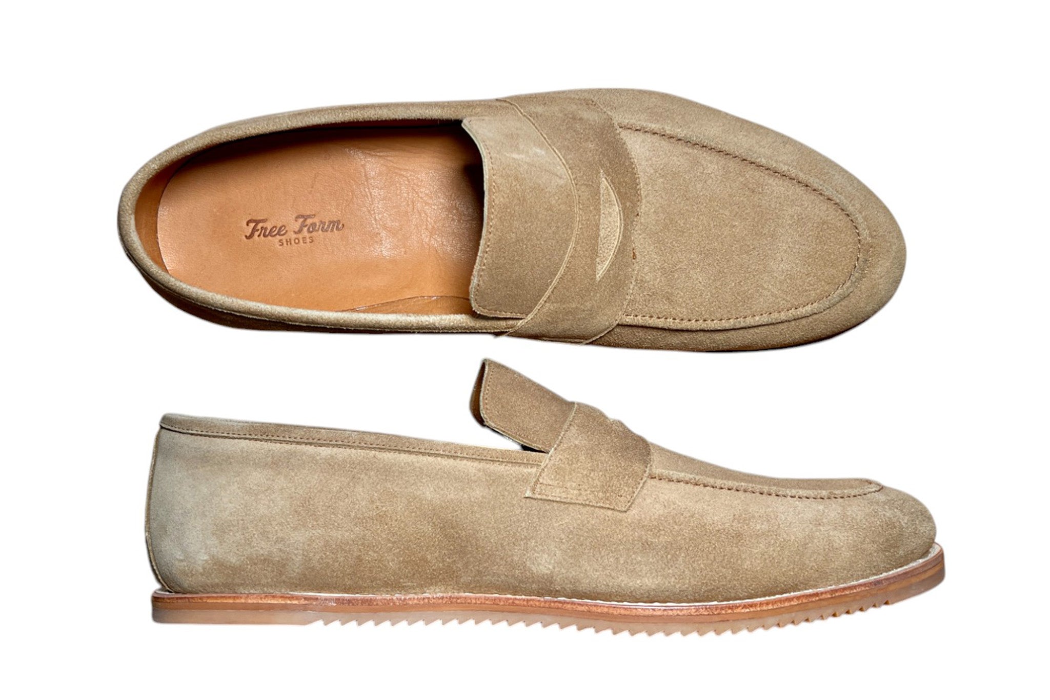 Top and Side of Zero Drop Wide Toebox Tan Suede Penny Loafers