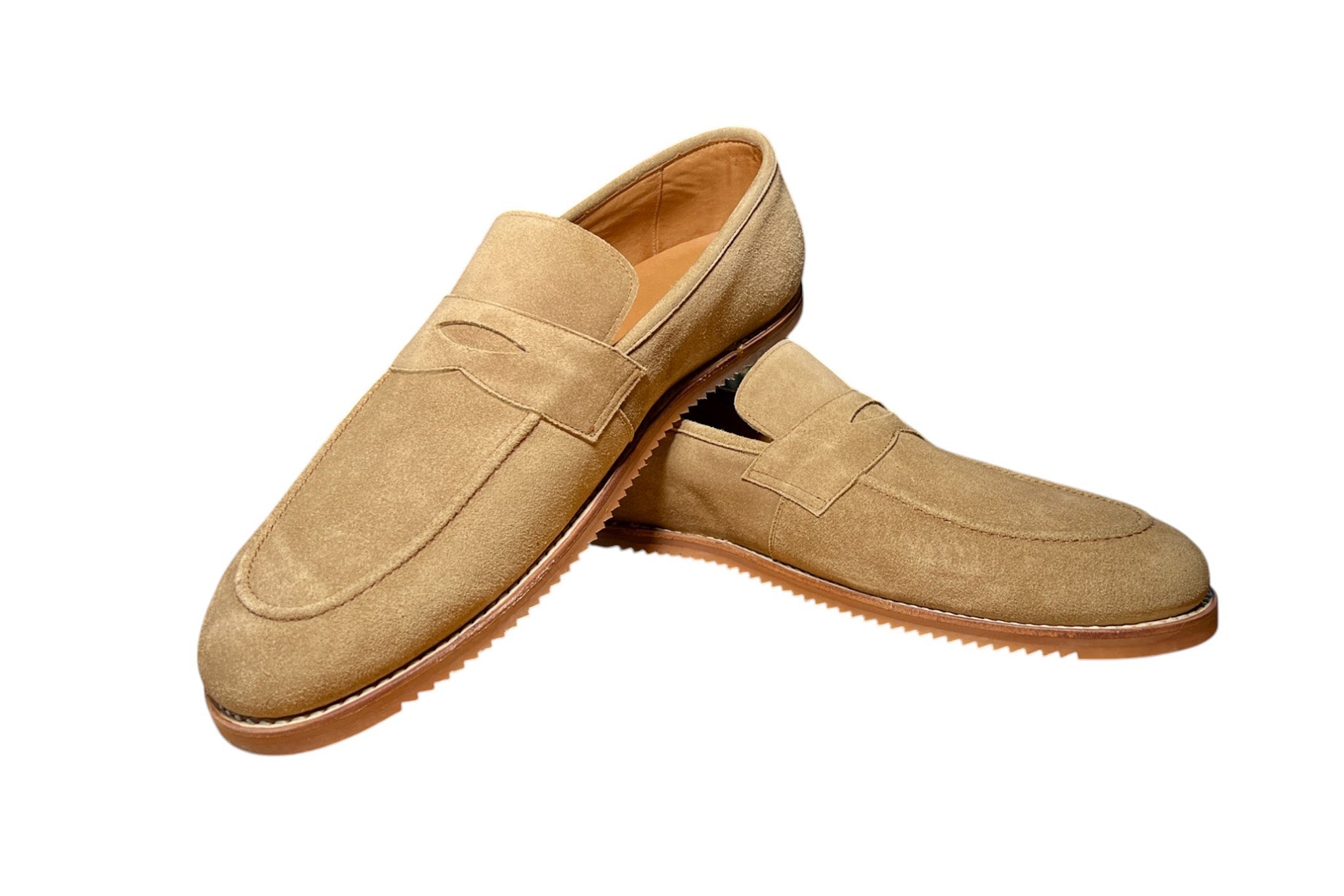 A pair of Zero Drop Wide Toebox Tan Suede Penny Loafers