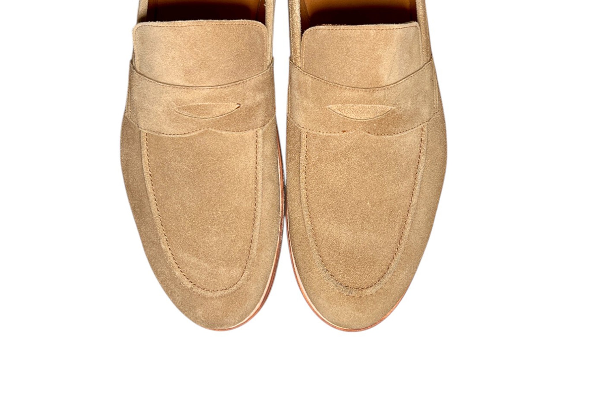 Top view of Zero Drop Wide Toebox Tan Suede Penny Loafers
